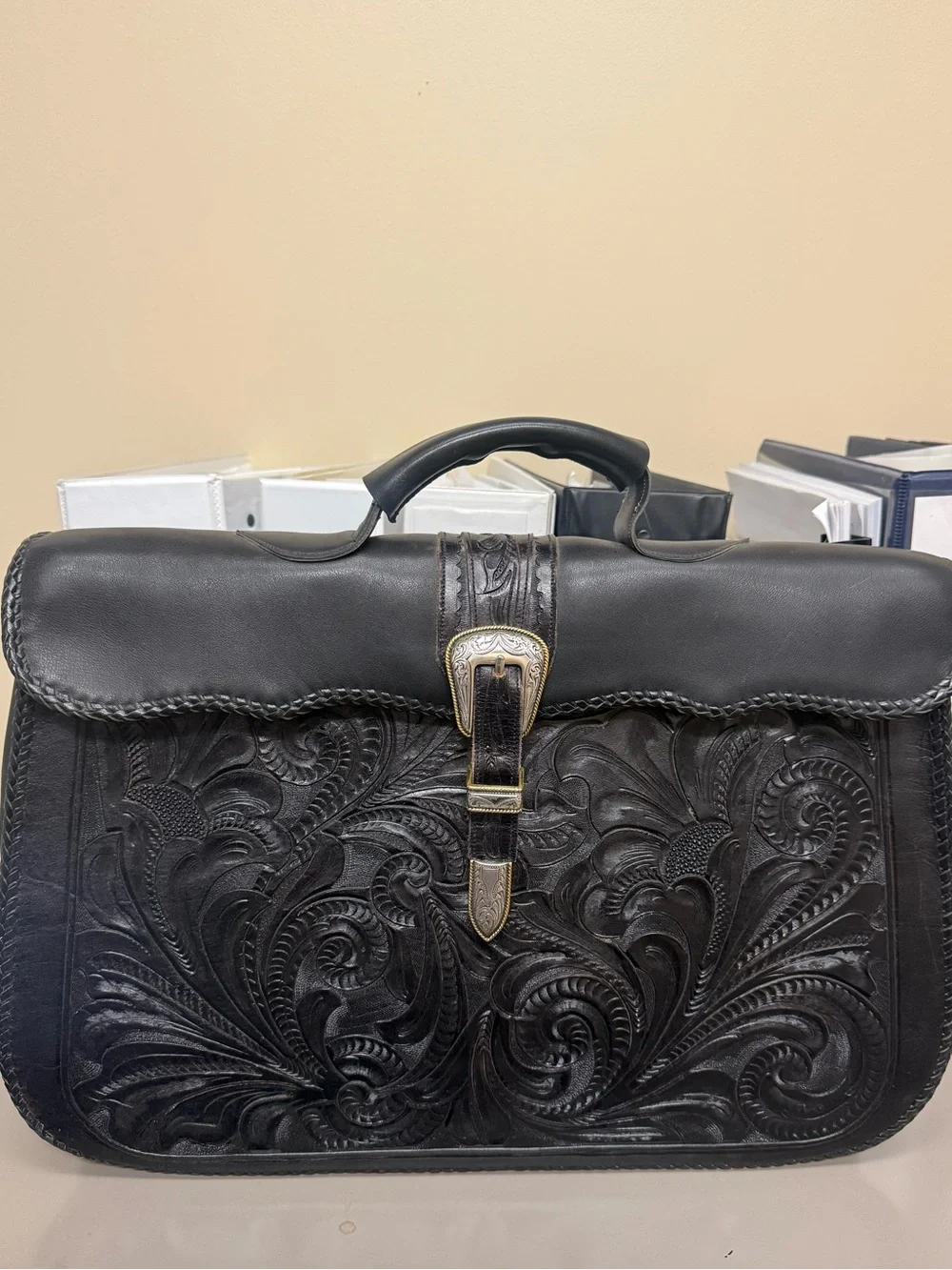 Hand-Tooled Black Leather Briefcase with Buckle Accent custom made no tags
